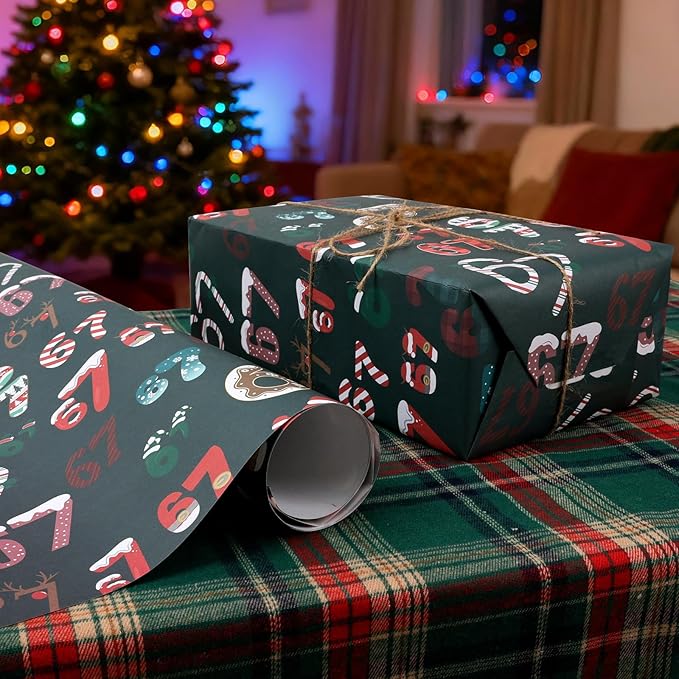 2Pcs 67 Christmas Wrapping Paper, 2025 Funny Holiday Gift Wrap, Unique Six Seven Festive Wrapping Papers, 67 Meme Funny Teen Holiday Gift Wrap (White+Green)