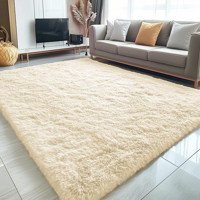 OLANLY 5x7 Machine Washable Large Area Rugs for Living Room, Bedroom, Soft Fluffy Shaggy Bedside Rug, Indoor Floor Carpet for Kids Girls and Boys, Dorms, Nursery, Home Decor Aesthetic, Cream