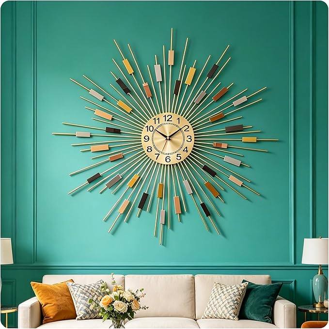 24" Large Sunburst Wall Clock, Boho Modern Farmhouse Metal Decorative Clock, Silent Non‑Ticking Battery Powered, Mid‑Century Starburst Art Decor for Living Room Bedroom Office Home