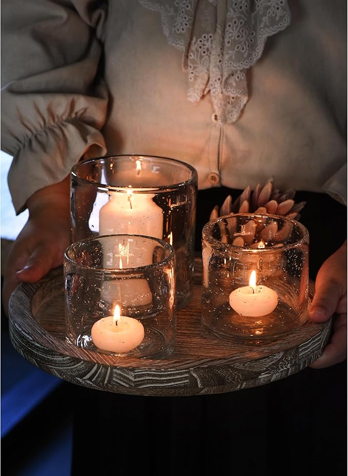 ARIAMOTION Glass Candle Holder Set 3 Clear Seeded Bubbles Modern Farmhouse Centerpieces Coffee Table Rustic Hurricane Cylinders Pillar Votive Tealight