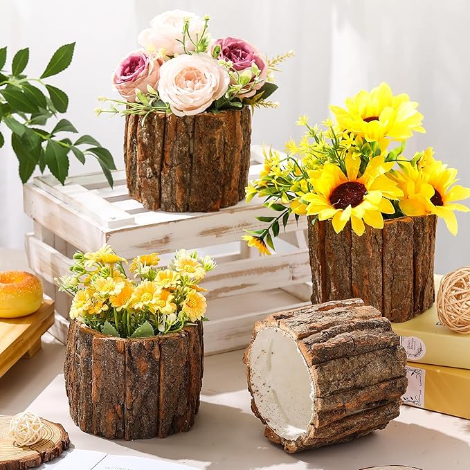 6 Pcs Wooden Vase for Centerpieces Christmas Table Decor Wooden Flower Vase Rustic Bark Stump Buckets Vintage Wood Planter Pots for Xmas Woodland Party Wedding Window Home Farmhouse (Large)
