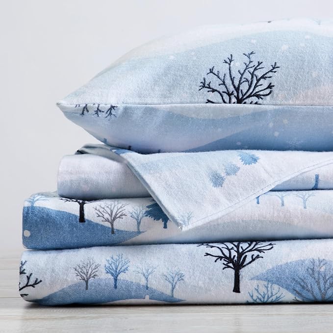 Market & Place 100% Cotton Queen Flannel Sheet Set | 4 Piece Deep Pocket Novelty Cozy Winter Bed Sheets | Double Brushed for Extra Softness & Comfort | Alpine Collection (Queen, Winter Landscape)
