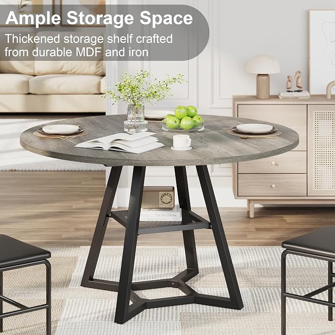 knoworld 47" Round Dining Table for 4, Kitchen Tables Dining Room Circle Dinner Table with Pedestal Metal Frame, Space Saving Wood Industrial Kitchen & Dining Room Tables, Dark Grey 47In