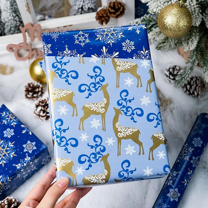 MAYPLUSS Christmas Wrapping Paper Roll - 17 Inch X 33 Feet - Navy Blue Christmas Snowflake Reversible Gold Reindeer Gift Wrapping Paper, Thick Wrap Paper for Holiday Party New Year Kids