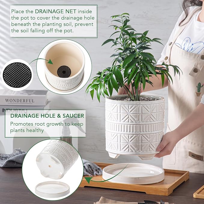 Ceramic Plant Pots Indoor-Outdoor: 8 Inch Embossed Planters with Drainage Hole & Saucer - Modern Decorative Flower Pots for Home Garden Patio Office Decor
