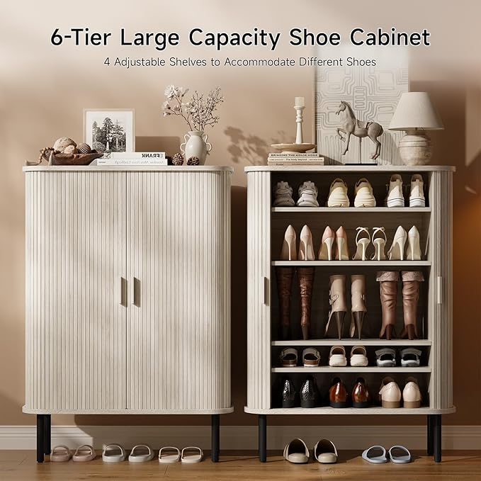 ONBRILL 6-Tier Shoe Cabinet with Sliding Door, Wooden Shoe Storage Cabinet with Adjustable Shelves, Mid-Century Modern Freestanding Shoe Storage Organizer for Entryway, Living Room, Hallway
