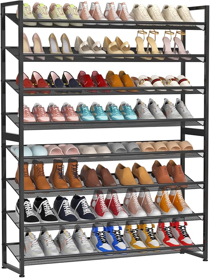 NEYCIL Large Shoe Rack 8 Tier Shoe Organizer, Heavy Duty Metal 4-Tier Stackable Shoe Storage Vertical Shoe Rack for Closet Front Door Entrance, Up to 50 Pairs, 44.8" W x 11.4" D x 56.7" H, Black