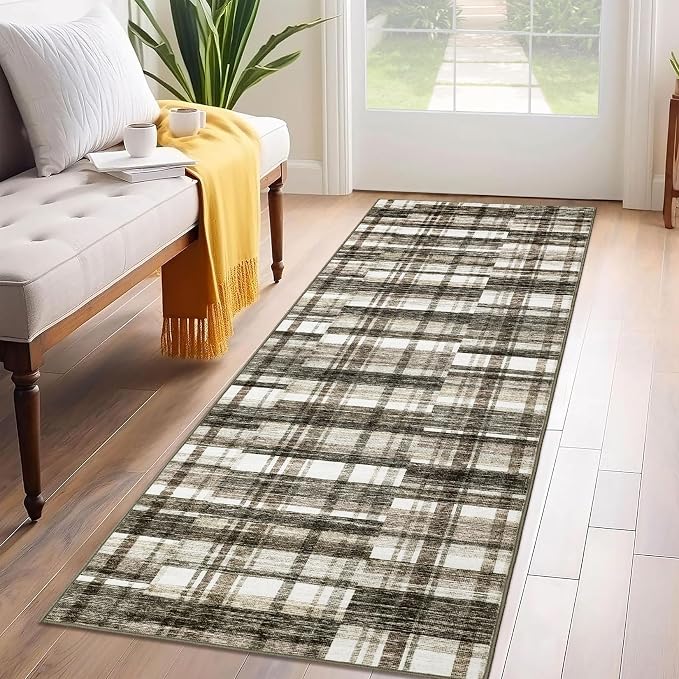 Runner Rugs for Hallway 2x6 Bathroom Rug Washable Area Rug Modern Plaid Low Pile Entryway Rug Small Non Slip Kitchen Rugs Stain Resistant Carpet for Laundry Bedroom Entrance, Beige 2'x6'