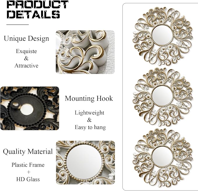 DXYAKY 3 Pack Floral Ornate Decorative Wall Mirror - Elegant White with Gold Accents, 9.8" Plastic Round Mirror Set, Lightweight Wall Art Décor for Bedroom, Bathroom, Living Room & Entryway
