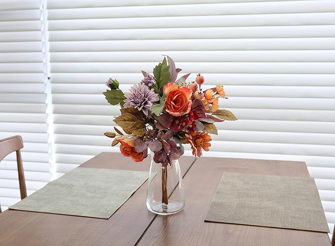 Set of 2 Fall Themed Artificial Flowers Bouquets for Fall Decor, Life-Like Autumn Colored Faux Peonies Dahlias Daises Berries Bouquets for Vase, Fall Floral Arrangement for Home Table Centerpiece