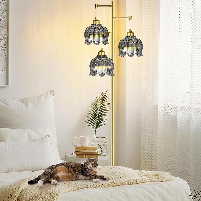 ILLMTW Glass Floor Lamp for Living Room,Bedroom,Gold Mid Century Modern Standing Lamp Brass Tree 3 Light Tall Floor Lamps Vintage Retro Floor Lights Grey Flower Lamp Shade Farmhouse Boho Bohemian