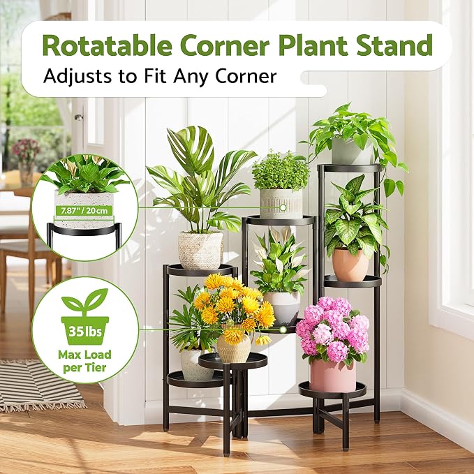 8 Tiered Plant Stand Indoor for Multiple Large Planter, Tall Heavy Duty Adjustable Folding Rack with Rustproof 7.9 Inch Wide Tray, Plant Shelf for Corner Living Room - BlackDisk