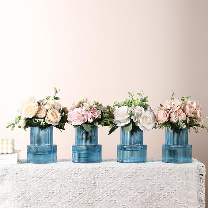 Ribbed Glass Vases, Set of 4 Small Vases for Flowers, Blue Glass Vase for Tulips, Modern Vase for Living Room, Kitchen, Office, Entryway, Bookshelf, Wedding Gifts, Birthday, 6 Inches