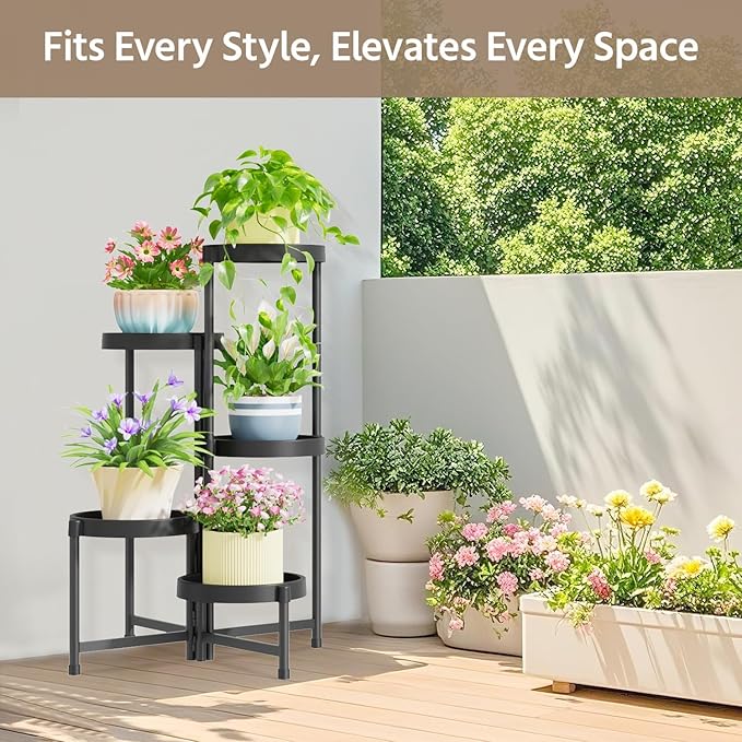 LASZOLA 5 Tiered Plant Stand Indoor Outdoor with Plastic Tray, Corner Folding Tall Flower Display Rack, Modern Plant Holder Shelf for Outdoor Patio Porch Garden Office Living Room, Black