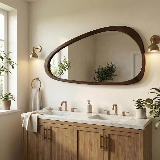 Solid Wood 48"x24" Large Full Length Irregular Mirror, Aesthetic Mid-Century Modern Statement Wall-Mounted Mirror, Modern Organic Asymmetrical Wooden Mirror, Dark Walnut