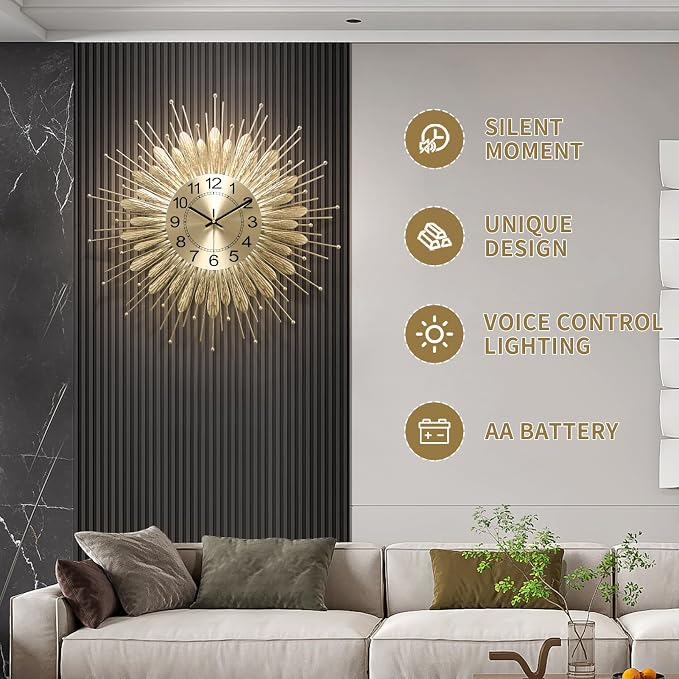 Gold Wall Clock 23 Inch Sunburst，Mid Century Decorative Wall Clocks Battery Operated Sunburst Large Modern Handmade Home Art Decor for Living Room， Corridor, Staircase, Kitchen & Thoughtful Gift