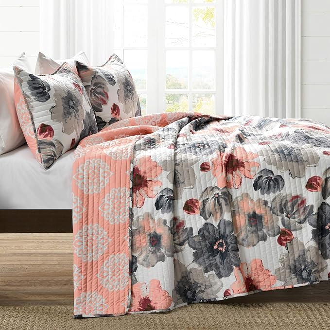 Lush Decor Leah Reversible Floral Quilt Set, 3 Piece Set, King, Coral & Gray - Watercolor Botanical - Cottage Core - French Country Decor- Bedding Queen Size
