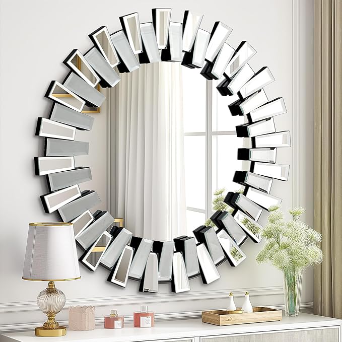 QDSSDECO Round Mirror Sunburst Wall Mirror 31.5" Beveled Edge Frameless for Living Room Bathroom Bedroom Entryway Decor
