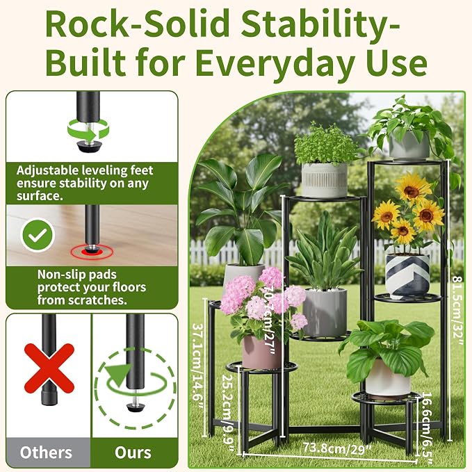 Plant Stand Outdoor,7 Tier Foldable Corner Tall Plant Shelf for Multiple Plants Flower Pot Holder Display Stand for Living Room Balcony Garden Patio -BlackS