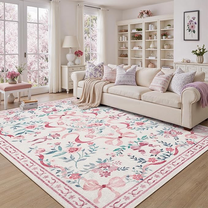 DCX Washable 8x10 Bow Rug, Pink Floral Rug for Girls’ Bedroom, Cute Soft Low Pile Indoor Décor Carpet, Kid & Pet Friendly Nursery Rug for Living Room, Dorm, Playroom