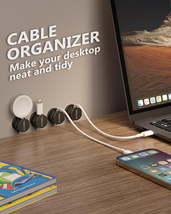 Magnetic Cord Holder 360°Rotation Cord Organizer, 6Pack Cable Clips [1s Lock] Adhesive Cable Management Desk Organizers and Accessories, Phone Charging Wire Holder for Nightstand,Car,Home Office