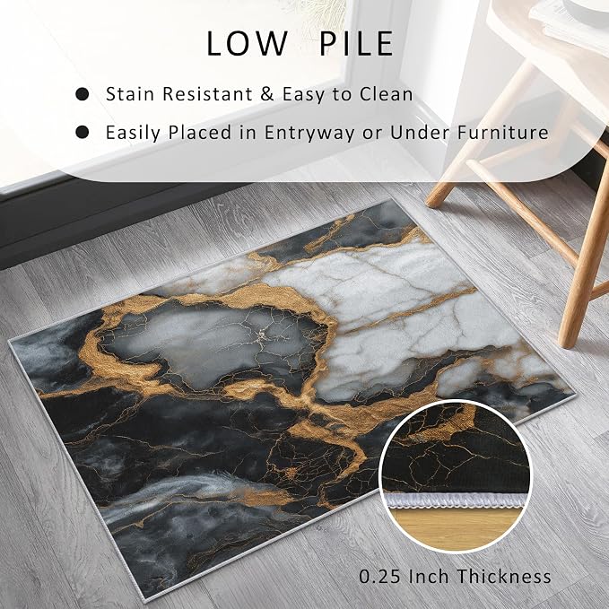 Black White Gold Marble Area Rug, Modern Abstract Pattern Carpet, Washable Non Slip Low Pile Soft Thin, Living Room Bedroom Home Decor Mat 4x6ft