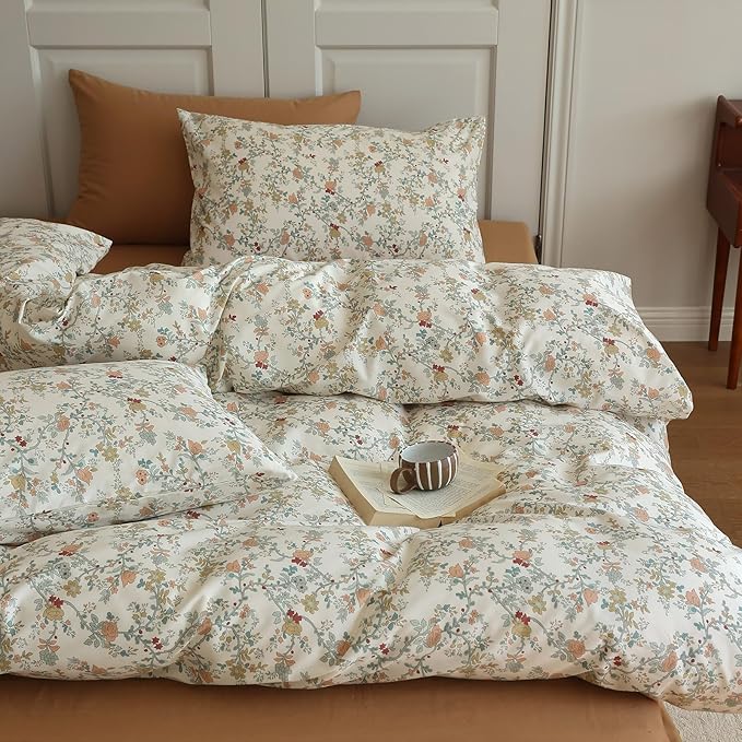 LifeTB Vintage Flower Duvet Cover Set Twin 100% Cotton Botanical Floral Duvet Cover Chic Branches Floral Bedding Set Flower Blossom Comfoter Cover with Zipper Ties Cottagecore Bedding Set