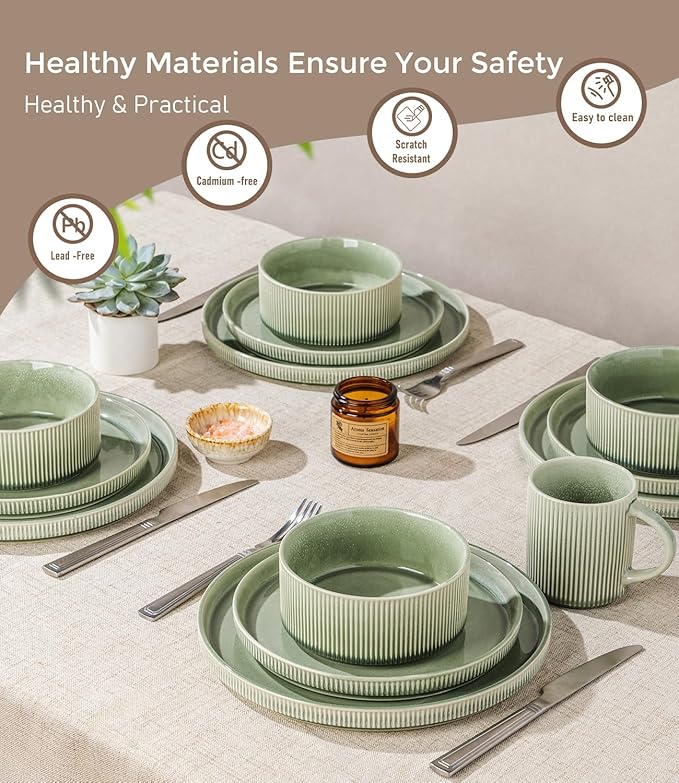 GBHOME 12-Piece Stoneware Dinnerware Set for 4 – Ribbed Ceramic Plates and Bowls, Scratch-Resistant, Microwave & Dishwasher Safe, Reactive Glaze, Light Green