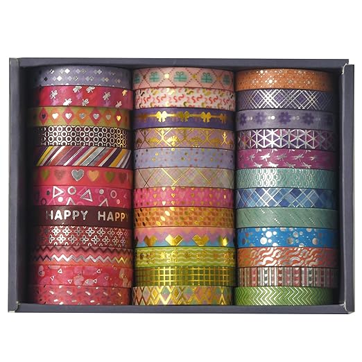 Songdao 36 Rolls Skinny Washi Tape Set Gold Foil Detailing Arts Adhesive Tapes Basic Patterns Decorative Masking Tape Sets for Craft, Kids, Scrapbook, DIY, Gift Wrapping (Kawaii)