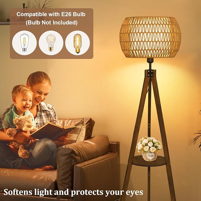 LAMSU Boho Tripod Floor Lamps for Living Room, Wood Floor Lamp with Shelf, Mid Century Modern Standing Lamp with Rattan Shades, Foot Switch, Rustic Farmhouse Tall Lamps for Bedroom Office, Brown
