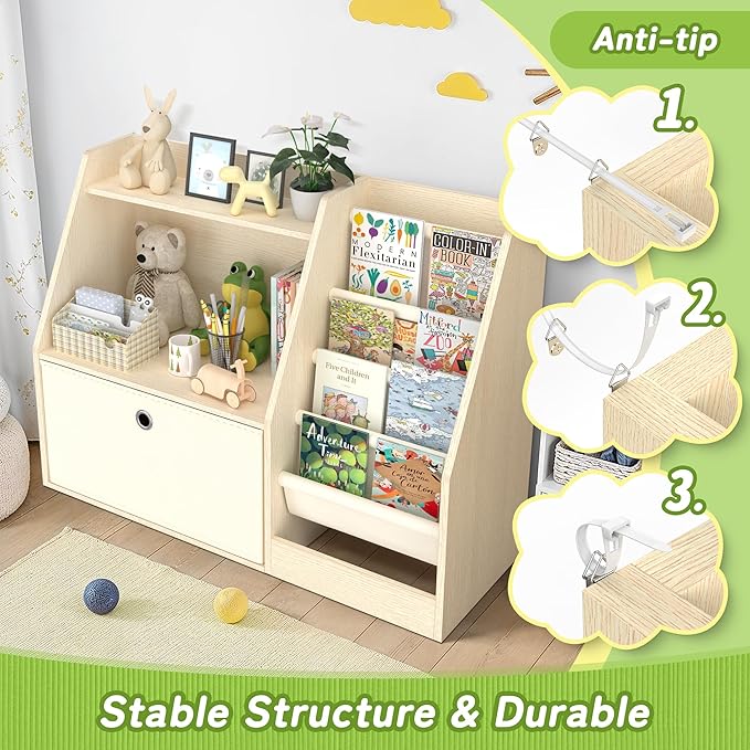 TOETOL Kids Bookshelf & Book Storage，4 Sling Wooden Toddler Book Shelf，2-Tier Wooden Open Bookcase & Storage Organizer Boxes for Nursery, Playroom, Bedroom