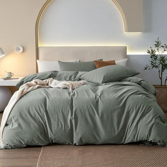 JIYUAN 100% Washed Cotton Duvet Cover Set 3 Pieces Super King, 1 Duvet Cover 108x98 Inches(Comforter Not Included) and 2 Pillowcases,Linen Feel Bedding Set Comfy and Breathable, Heathered Green