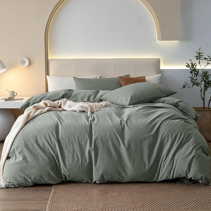 JIYUAN 100% Washed Cotton Duvet Cover Set 3 Pieces Oversized Queen, 1 Duvet Cover 98x98 Inches(Comforter Not Included) and 2 Pillowcases,Linen Feel Bedding Set Comfy and Breathable, Heathered Green