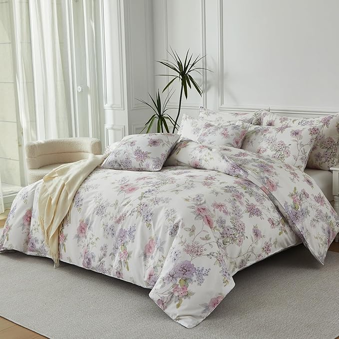 FADFAY Floral Bedding Set with Peony Print, Soft Breathable Duvet Cover & Pillowcases, 100% Cotton, Elegant Botanical Pattern, Durable & Skin-Friendly, Queen Size