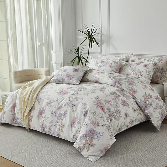 FADFAY Floral Bedding Set with Peony Print, Soft Breathable Duvet Cover & Pillowcases, 100% Cotton, Elegant Botanical Pattern, Durable & Skin-Friendly, Queen Size