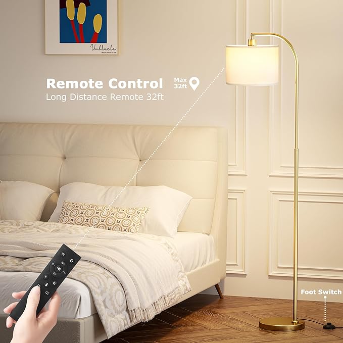 Ambimall Arc Floor Lamp with Remote and Stepless Dimmable Bulb, Colors Temperature & Brightness Adjustable, Floor Lamps for Living Room（White Shade & Gold Pole）