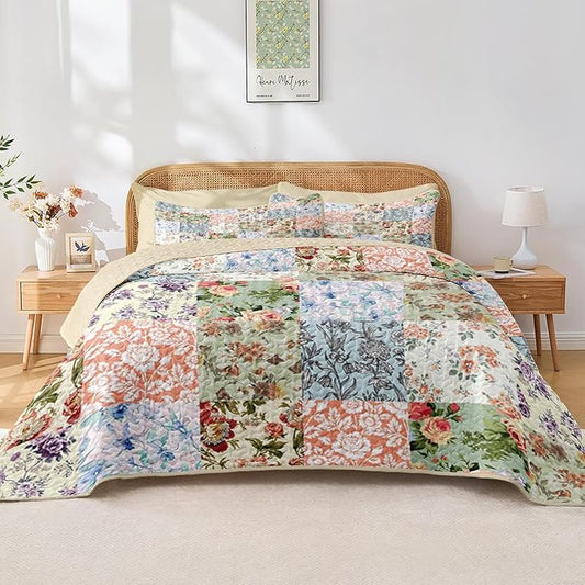 Quilt Set King Size, Vintage Patchwork Floral 3 Pcs Soft Bed Cover Bedding Set, Boho Mid Century Lightweight Bedspread Coverlet with 2 Pillow Sham for All Season