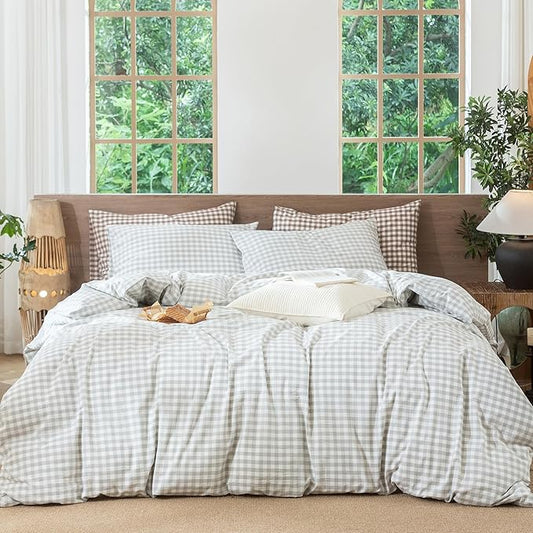 MooMee Gingham Duvet Cover Set 100% Washed Cotton Linen Like Textured Breathable Durable Soft Comfy Modern Checkered Design (Northern Droplet Grey Gingham, Cal King 104"x98")