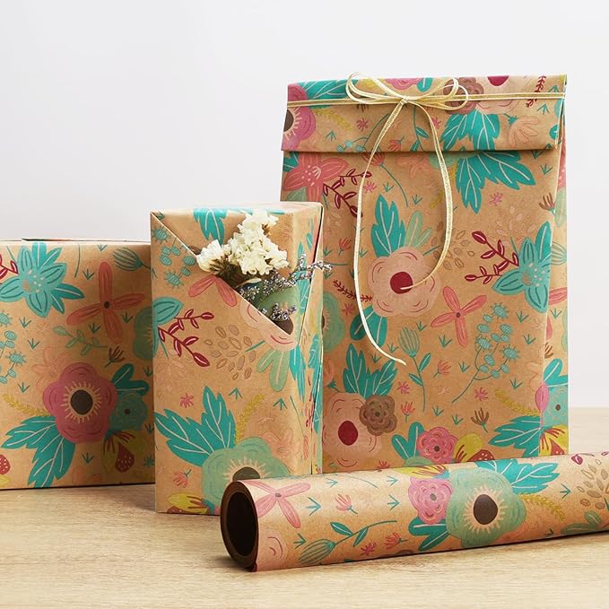 BIOBROWN Kraft Floral Wrapping Paper Roll - 17 Inches X 33 Feet (47 sq. ft. ttl.) Wildflowers Design Flower Gift Wrap for Mother's Day, Wedding, Bridal Shower, Birthday