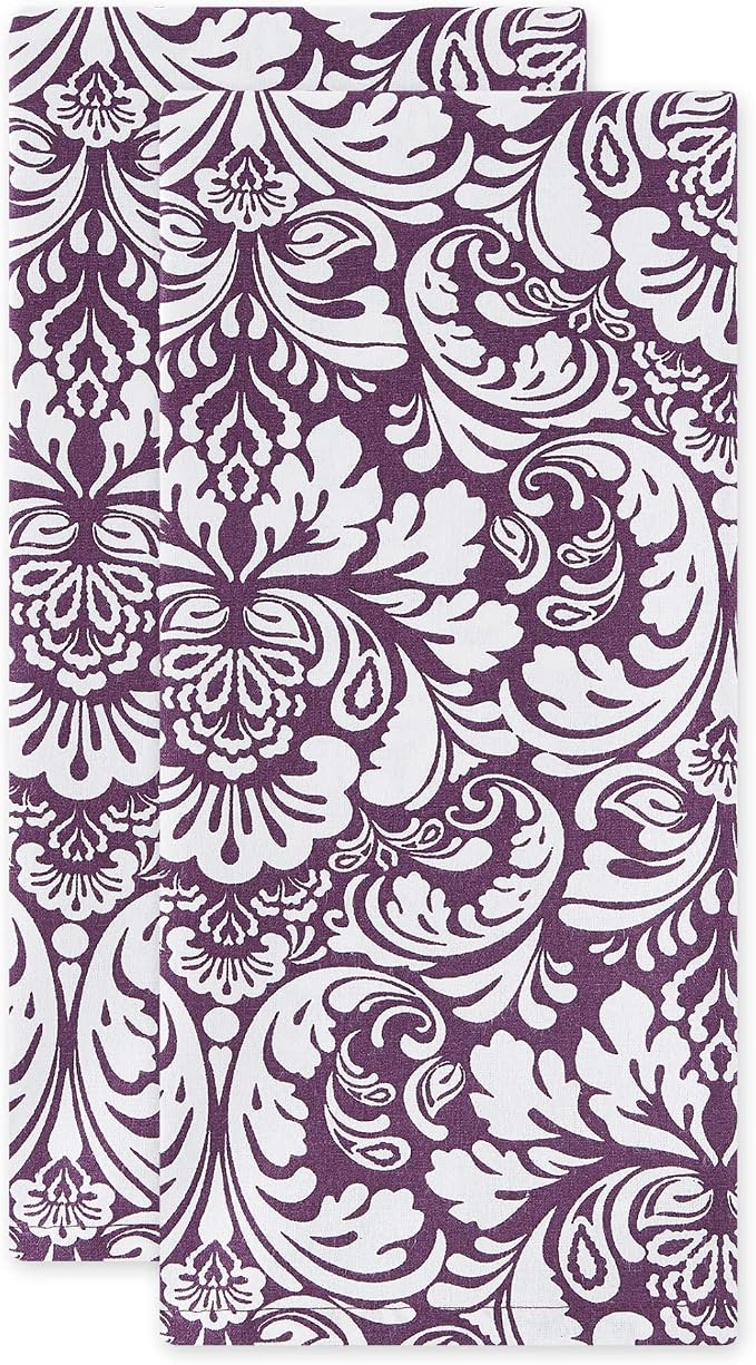 DII Cotton Dish Towel Set Damask Print, 18x28, Eggplant, 2 Count