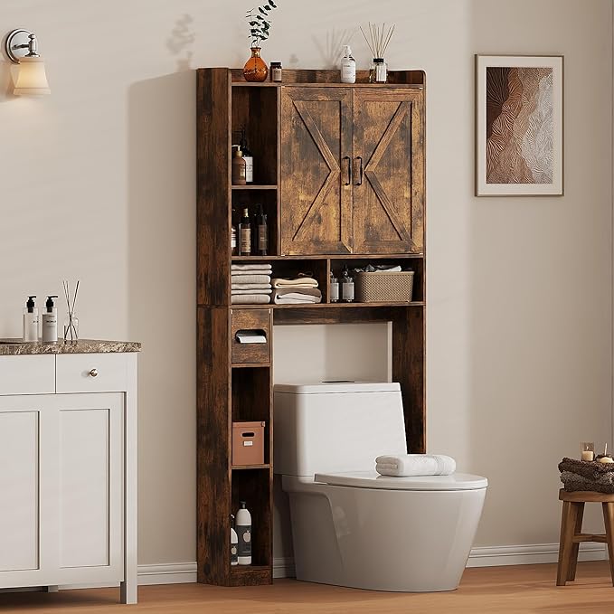 Over the Toilet Storage Cabinet, 31.1”W Bathroom Organizer with Double Doors, Above Toilet Rack, Detachable Toilet Paper Holder for Bathroom & Laundry Room Brown