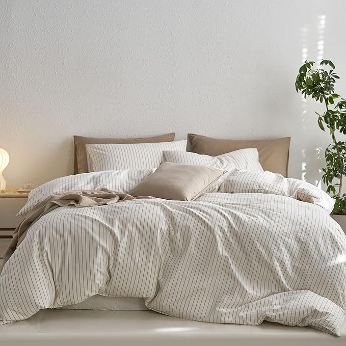 MooMee Striped Duvet Cover Set 100% Washed Cotton Linen Like Textured Breathable Durable Soft Comfy (White Tannish Linen Grey Wide Stripes, Oversized King Plus 128"x120")