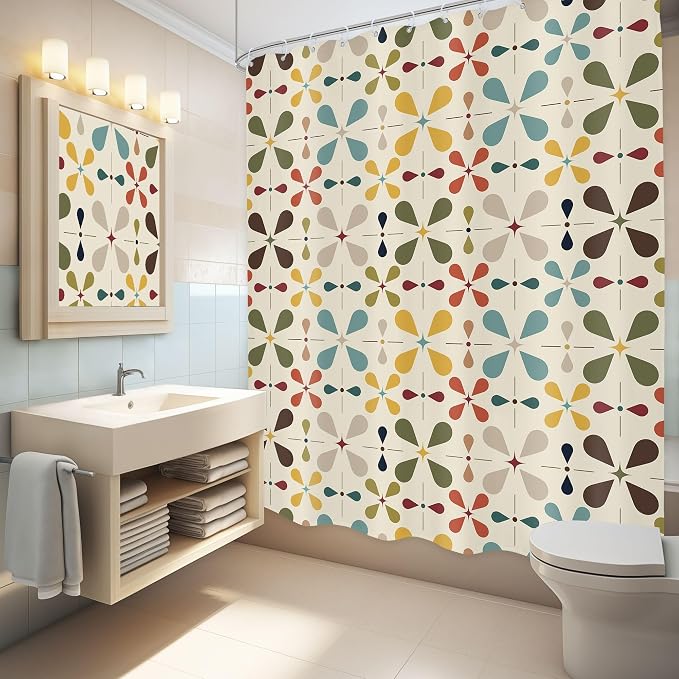 Boho Mid Century Shower Curtain Bathroom Set 60Wx71H Inches Modern Vintage Abstract Bohemian Colourful Geometric Retro Chic Bath Accessories for Girly Women Art Home Decor Fabric 12 Pack Hooks