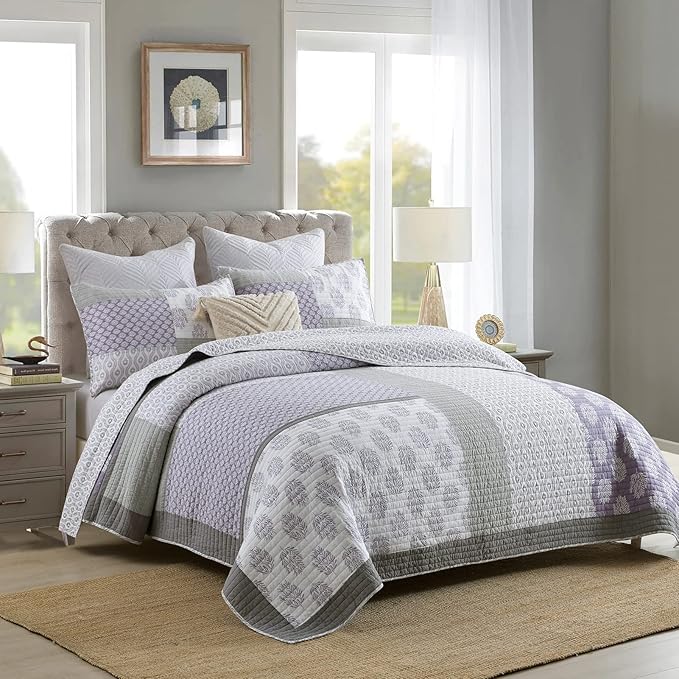 PANGUSHAN Quilt Set Queen Size, 100% Cotton Bedspread Quilt Bedding Set, Patchwork Reversible Floral Quilt for Queen Bed, Purple/Grey/White Bed Spread, Lightweight Comforter for All Season, 3 Pieces