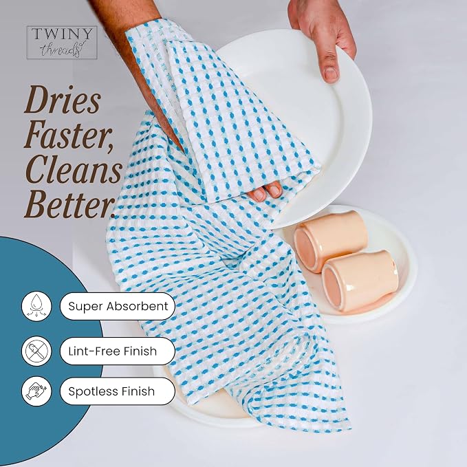 TWINY threads Waffle Weave Dish Towels Pack of 4, Large 16x26 Inches Kitchen Hand Towel Set, Super Absorbent, Fast Dry & Reusable Washcloths for Cooking, Cleaning & Drying, Turquiose Blue, White