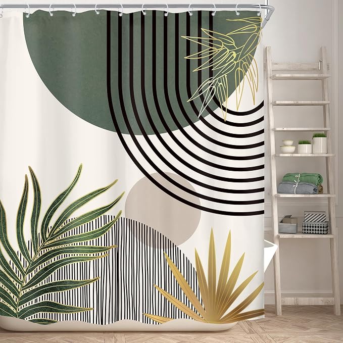 KOMLLEX Mid Century Dark Green Boho Shower Curtain 60Wx72L Inches Abstract Modern Shower Curtains for Bathroom Gold Plant Botanical Minimalist Arch Sun Fabric Liner Waterproof Polyester 12 Pack Hooks