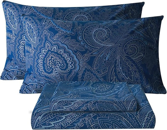 Bedlifes King Size Extra Deep Pocket Sheet Sets - Fits Mattresses Up to 18-24" Thick, 4-Piece Microfiber Set with 1800 Thread Count, Soft, Smooth, Breathable, Featuring Paisley Dark Navy Blue