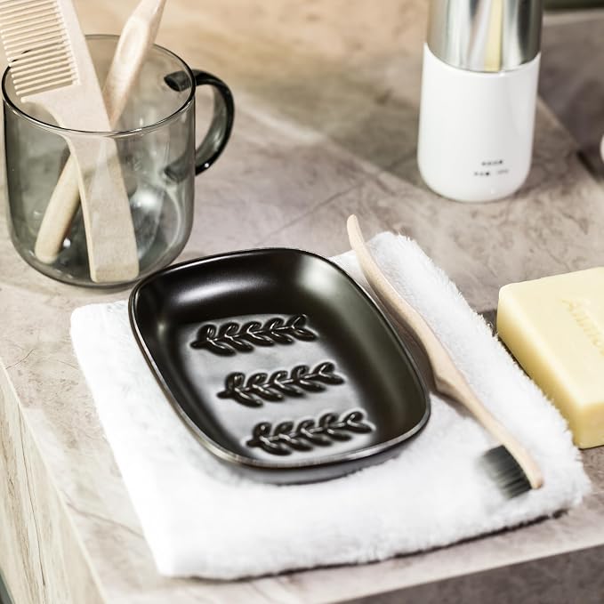 Soap Dish Soap Holder Shower, Ceramic Soap Dishes for Large Bar Soap Sponge, Shower Soap Dish Soap Saver Tray for Bathroom Kitchen Sink, Elegant Raised Leaf Design, Easy Dishwasher Cleaning, Black