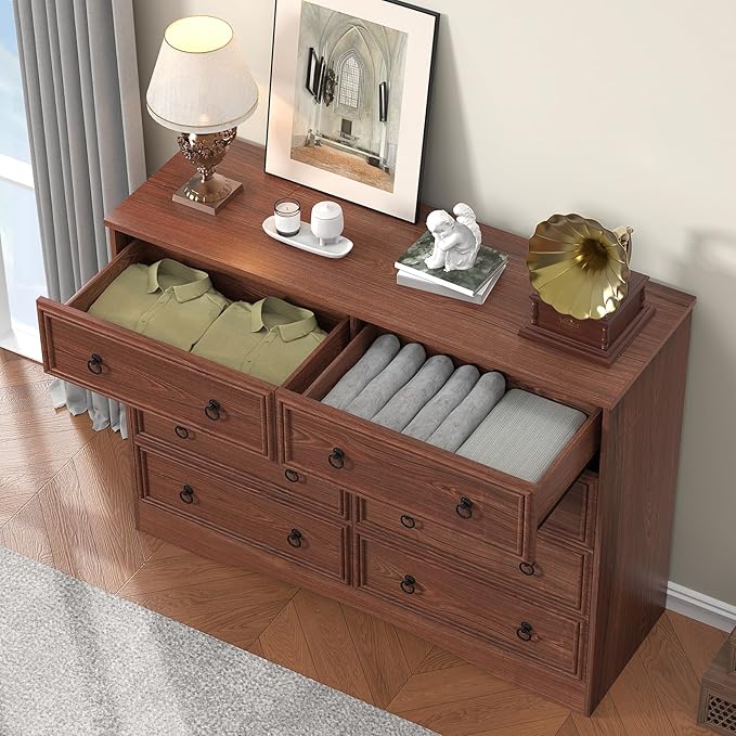 8 Drawer Dresser for Bedroom, Cherry Wood Chest of Drawers, Large Storage for Clothes, Vintage Design, for Living Room, Bedroom, Hallway 47.24W*15.75D* 41.2''H