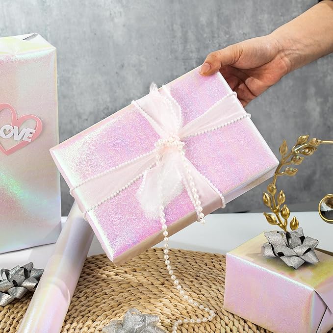Yarcony Pink Holographic Wrapping Paper - 17Inch X 32.8Feet - Shiny Pink Iridescent Sparkle Wrapping Paper Embossed Gift Wrap Present for Birthday Wedding Bridal Shower Valentine's Day Mother's Day